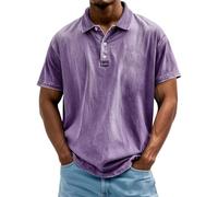 LOPILY Polos Hombre Estilo Retro Americano Lavado para Hombre, Informal, versátil, de Manga Corta, con Botones y Solapa. (Purple, XL)