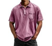 LOPILY Polos Hombre Estilo Retro Americano Lavado para Hombre, Informal, versátil, de Manga Corta, con Botones y Solapa. (Pink, XXL)