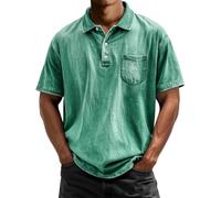 LOPILY Polos Hombre Estilo Retro Americano Lavado para Hombre, Informal, versátil, de Manga Corta, con Botones y Solapa. (Green, XXXL)