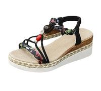LOPILY Sandalias De Cuña Mujer Azul zapatos de ancha, sandalias de cuña para mujer, cómodas para caminar en verano, antideslizantes, informales, para playa, con tejido elástico en el (Black, 39)
