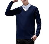 LOPILY Sudaderas Coche New Men's V Neck Pullover Solid Color Knit Base Shirt (BU1, XXXL)