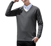 LOPILY Sudaderas Coche New Men's V Neck Pullover Solid Color Knit Base Shirt (Grey, L)
