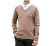 LOPILY Sudaderas Coche New Men's V Neck Pullover Solid Color Knit Base Shirt (Khaki, L)