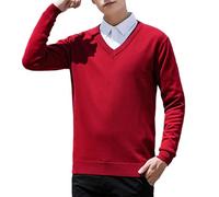 LOPILY Sudaderas Coche New Men's V Neck Pullover Solid Color Knit Base Shirt (Red, XL)