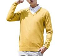 LOPILY Sudaderas Coche New Men's V Neck Pullover Solid Color Knit Base Shirt (Yellow, M)