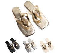 LOPILY Tacones Sandalias abierta con cabeza cuadrada para mujer, uso exterior, con clip para hacer autostop, informales, de plana, de talla grande, para mujer (Gold, 36)