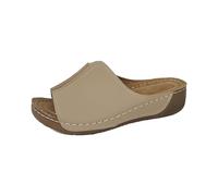 LOPILY Zapatillas de tacón inclinado para la playa para mujer, zapatillas informales huecas, zapatos con parte inferior inclinada, sandalias retro (Khaki, 42)
