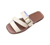LOPILY Zapatillas de verano para mujer, cómodas sandalias planas de cuero con punta abierta para mujer (White, 40)