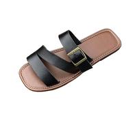 LOPILY Zapatillas de verano para mujer, cómodas sandalias planas de cuero con punta abierta para mujer (Black, 37)