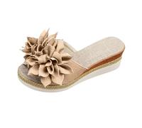 LOPILY Zapatillas de verano para mujer con tacón bajo y gruesa, con flores romanas, para playa y punta abierta (Khaki, 35)