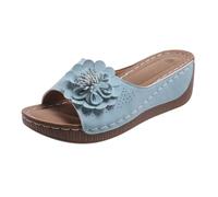 LOPILY Zapatillas Gatos para mujer con tacón de cuña y de pez, gruesa, ligeras, con puntera abierta y flores, para vacaciones al libre, playa, informales (Sky Blue, 41)