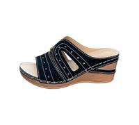 LOPILY Zapatillas Y Mujer retro para mujer, con gruesa, punta abierta, tacón inclinado, informales, ligeras, de una sola palabra (Black, 42)