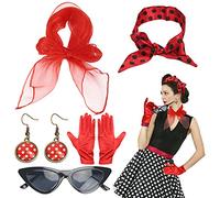 LOPOTIN 5TLG Rockabilly Accesorios de los años 50 para vestido de mujer, accesorios de vestido de los años 50, juego de disfraz con bufanda de gasa, lunar, cinta para la cabeza de los gatos, gafas