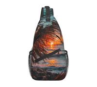 Loppott Bolsa de pecho cruzada con estampado de playa tropical diagonal, mochila ajustable viaje senderismo deporte cartera, negro, talla única, Negro, One Size