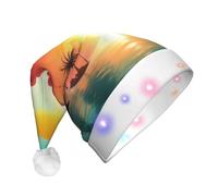 Loppott Sombrero de Navidad con estampado de isla de palmera tropical LED amanecer, sombrero de Navidad de felpa suave para adultos, Navidad, Año Nuevo, fiesta, suministros