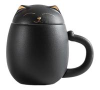 LOPUNER Taza de Café de Cerámica Negra de 400ml con Filtro y Tapa, Diseño Gato para Oficina y Restaurante, Set de 1 Taza para Beber Té y Café
