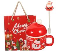 LOPUNER Taza de Cerámica de Santa Claus de 300ml Cuchara y Tapa, Diseño Decorativo Navideño, Mango Cómodo para Navidad, Set de Obsequio Caja