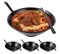 LOPYXBR Juego de 4 cuencos de ramen, 1000 ml, de plástico, juego de ramen con cuchara y palillos negros para ramen, ensalada, sopa, Pho Bowl