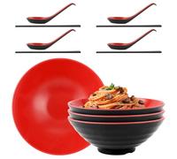 LOPYXBR Juego de 4 cuencos japoneses de ramen, 1000 ml, cuenco de melamina, 21 x 8 cm, con cuchara y palillos para ramen, fideos, ramen Buldak, ensalada (negro y rojo)