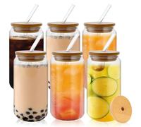 LOPYXBR Paquete de 6 Vasos con Tapa y Pajita Vaso para Beber de 17 oz/500 ml con Pajita y Tapa Taza de Vidrio Transparente con Tapa y Pajita para café con Leche, café Helado, batidos, Jugo, cócteles