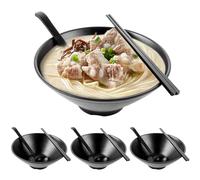 LOPYXBR Set de 4 tazones para ramen japonés - 1000 ml - De melamina - Con cuchara y palillos - Apto para lavavajillas - Duradero - Para ramen, pasta, buldak ramen, ensalada