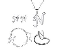 Loqimu Juego de 4 joyas con iniciales de acero inoxidable para mujer, anillos de plata, pulsera, aretes, collar, gargantilla en mayúscula, cadena de oreja, regalo de joyería, M, Acero inoxidable, No