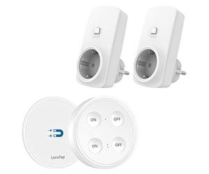 LoraTap Juego de Enchufes con Mando a Distancia Inalámbrico, 2 Piezas Tomas de Corriente Schuko 10A/2200W y Interruptor Doble, Control Remoto para Luces y Electrodomésticos, Alcance de 200 m