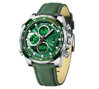 Lorciix Reloj de pulsera de acero inoxidable de lujo para hombre, analógico, digital, con alarma de cuenta regresiva, tres zonas horarias, impermeable, clásico, para negocios, Cuero totalmente verde