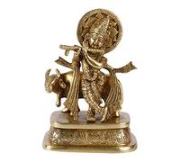 Lord Krishn Bhagwan tocando flauta con Gau MATA Murti Material Latón Altura 6.5 pulgadas