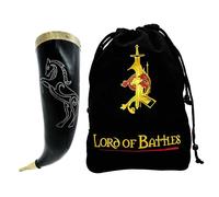 Lord of Battles Cuerno de beber semental de 300-400 ml | Viene con borde de latón intrincadamente decorado en la boca y los extremos | Diseño de semental grabado para un aspecto medieval de élite