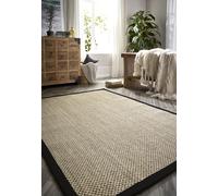 Lord of Rugs Alfombra de sisal antideslizante hecha a mano de fibra natural para dormitorio, cocina, comedor, sala de estar, alfombra lisa en beige claro con borde negro, tamaño mediano 120 x 170 cm