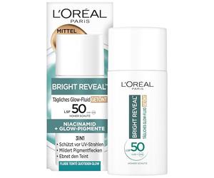 L'Oréal - Líquido UV Glow Diario Factor 50 Niacinamida + Pigmentos Glow Color Medio Bright Reveal, 1 x 50 ml