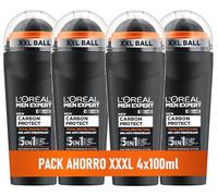 L'Oréal Men Expert Carbon Protect Desodorante Para Hombre Roll-On Anti-transpirante 4 en 1 Protección Total 48h XXL 100ml (Paquete de 4)