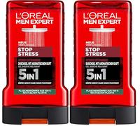 L'Oréal Men Expert Gel de ducha y champú para hombres, baño de ducha para la limpieza del cuerpo, cabello y rostro, cuidado corporal masculino para una frescura duradera con aroma aromático, Stop