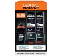 L'Oréal Men Expert Set de regalo para hombres con desodorante 5 en 1 y gel de ducha XXL 5 en 1 para cabello, cuerpo y cara, pack con desodorante Carbon Protect y Pure Carbon Bodywash, 3 piezas