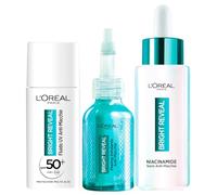 L'Oréal Paris Bright Reveal - Kit antimanchas con líquido UV SPF 50+ protección 50 ml + exfoliante de 25 ml + sérum facial niacinamida 30 ml - Juego de 3