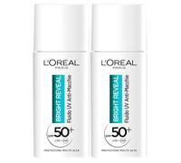 L'Oréal Paris Bright Reveal - Líquido facial antimanchas con protección solar muy alta, SPF 50+, uniforme, hidratante, suavizante, fórmula con filtro UV y niacinamida, 2 botellas de 50