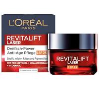 L'Oréal Paris Crema de día antiedad SPF 25 con triple potencia para mujeres: suaviza las arrugas y tonifica la piel, con pro-retinol, ácido hialurónico y vitamina C, láser RevitaLift, 1 x 50 ml