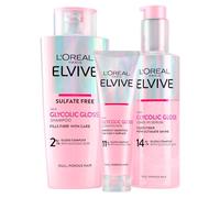 L'Oréal Paris Elvive Acondicionador Glycolic Gloss 150ml + Champú 200ml + Suero Sin Aclarado 150ml Set para Cabello Opaco y Poroso Brillo Intenso y Duradero - 3 Botellas