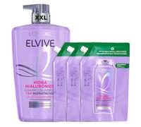 L'Oréal Paris Elvive Hidra Hialurónico Champú, Pack 1L+ 3x Refill | 1L y x3 Refill, Champú con Ácido Hialurónico*, Hidratación Al Instante durante 72h, Para Cabello Deshidratado, Textura Ligera