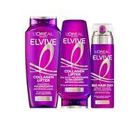 L'Oréal Paris Elvive Voluminizadora rutina elevadora de colágeno | Para cabellos planos y voluminosos, set con champú, acondicionador y spray revitalizante con péptidos de colágeno