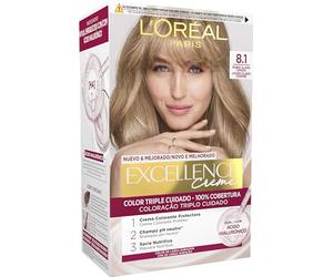 L'Oréal Paris Excellence Crème Tinte Permanente, 8.1 Rubio Claro Ceniza | 100% Cobertura de Canas, Color Rico y Radiante, Color Triple Cuidado, Duracción Permanente, Con Ácido Hialurónico