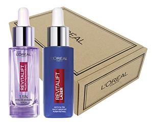L'Oréal Paris Kit de cuidado facial con sérum antiarrugas Revitalift Filler con ácido hialurónico y vitamina C y láser noche con vitamina A, aceite nutritivo y ácido hialurónico