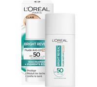 L'Oréal Paris - Líquido anti UV SPF50+ - Bright Reveal - Piel uniforme y radiante - Cobertura ligera - Fórmula antimanchas y antiimpurezas - Tez transparente - 50 ml