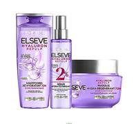 L'OREAL PARIS L'Oréal Paris - Rutina de cuidado capilar para cabello deshidratado - Hidratación 72H - con ácido hialurónico - 3 productos - Champú, suero y máscara - Elseve Hyaluron Repulp