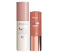 L'Oréal Paris Lumi Le Glass Stick Highlighter Pink Ballet Glassy Reflector Multiusos Cara Cuerpo + Bronce Le Stick Soleil Bronzer 100 Sunkissed Rose - Set de 2 unidades