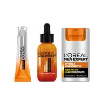L'Oréal Paris | Men Expert Serum Vitamina C Hydra Energetic Anti-Fatiga + Hydra Energetic Roll-On Ojos Efecto Hielo Anti-Bolsas y Anti-Ojeras para hombres 10ml + Energetic Crema Hidratante Anti-Fatiga
