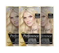 L'Oréal Paris Préférence 9.1 - Set de 3 tintes permanentes para el cabello con coloración y bálsamo para el cuidado del cabello, color rubio ceniza muy claro