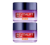 L'Oréal Paris Revitalift Filler Crema de Día Rellenadora y Antiarrugas Facial Tratamiento Voluminizador Protección SPF 50 con Ácido Hialurónico de Larga Duración - 2 Tarros de 50ml