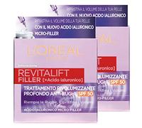 L'Oréal Paris Revitalift Filler Crema de Día Tratamiento Antiarrugas Revolucionario Profundo Protección SPF 50 con Microrelleno de Ácido Hialurónico - 2 Frascos de 50ml